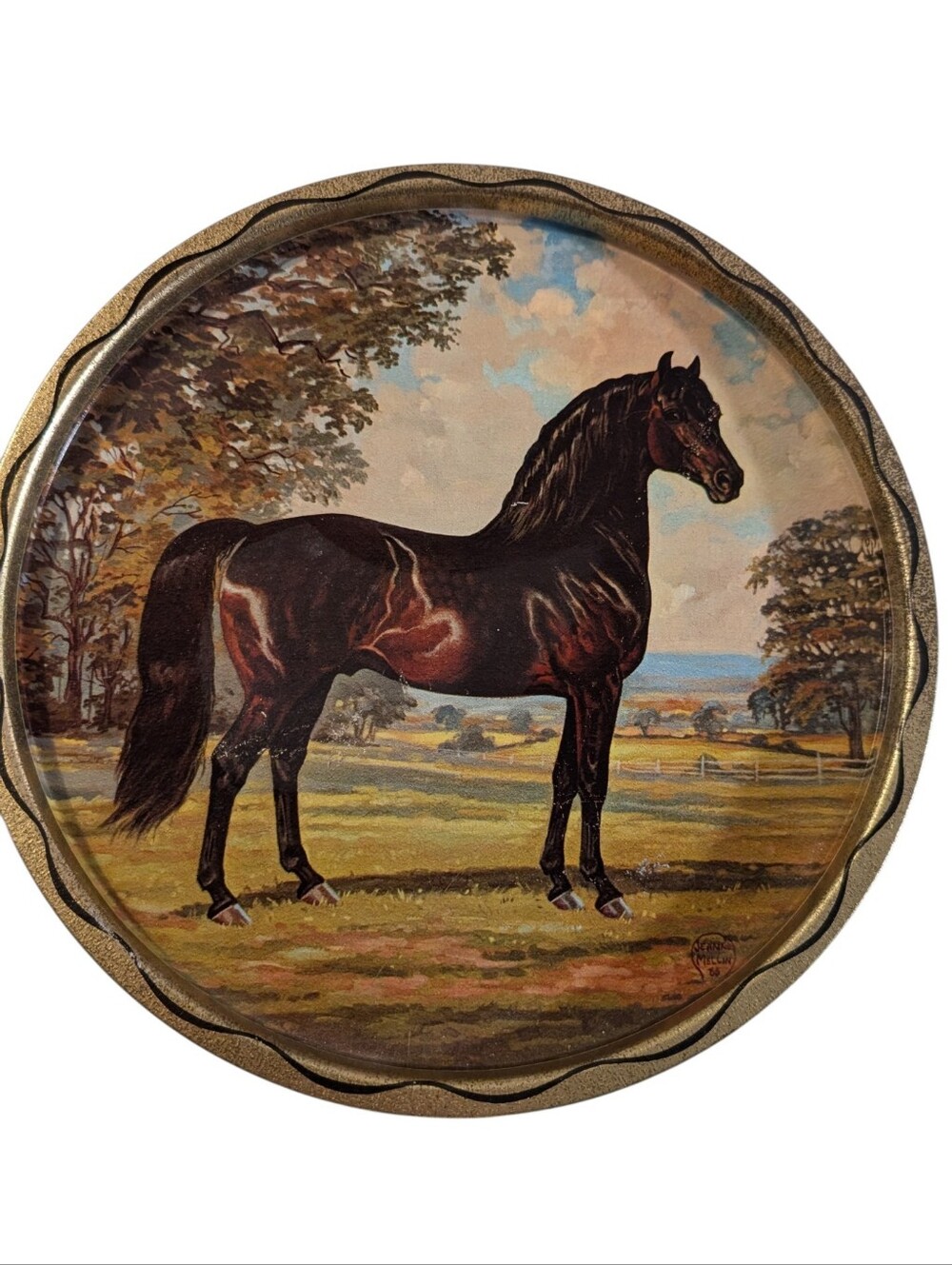 Vintage Round Metal Serving Tray Equestrian Horse Scene Jeanne Mellin 11x11